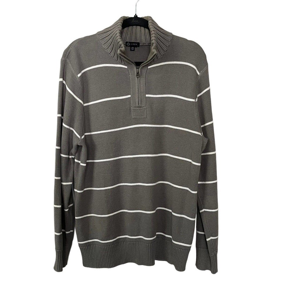 J. Crew Men's Sz L Pullover Sweater Gray Stripe 1/4 Zip 100% Cotton Heavyweight